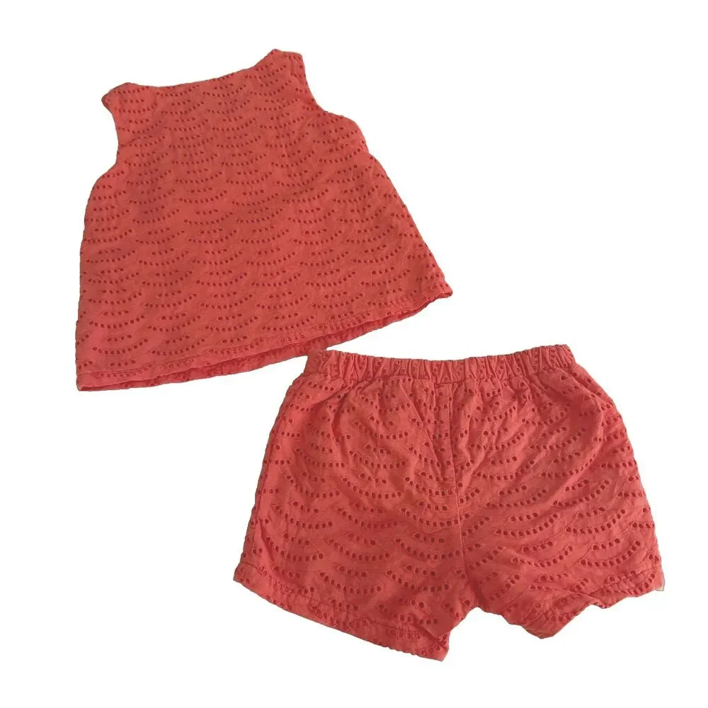 Genuine Kids Oshkosh Girls 4t 2 Piece Coral Eyelet Short Top Outfit 100% Cotton